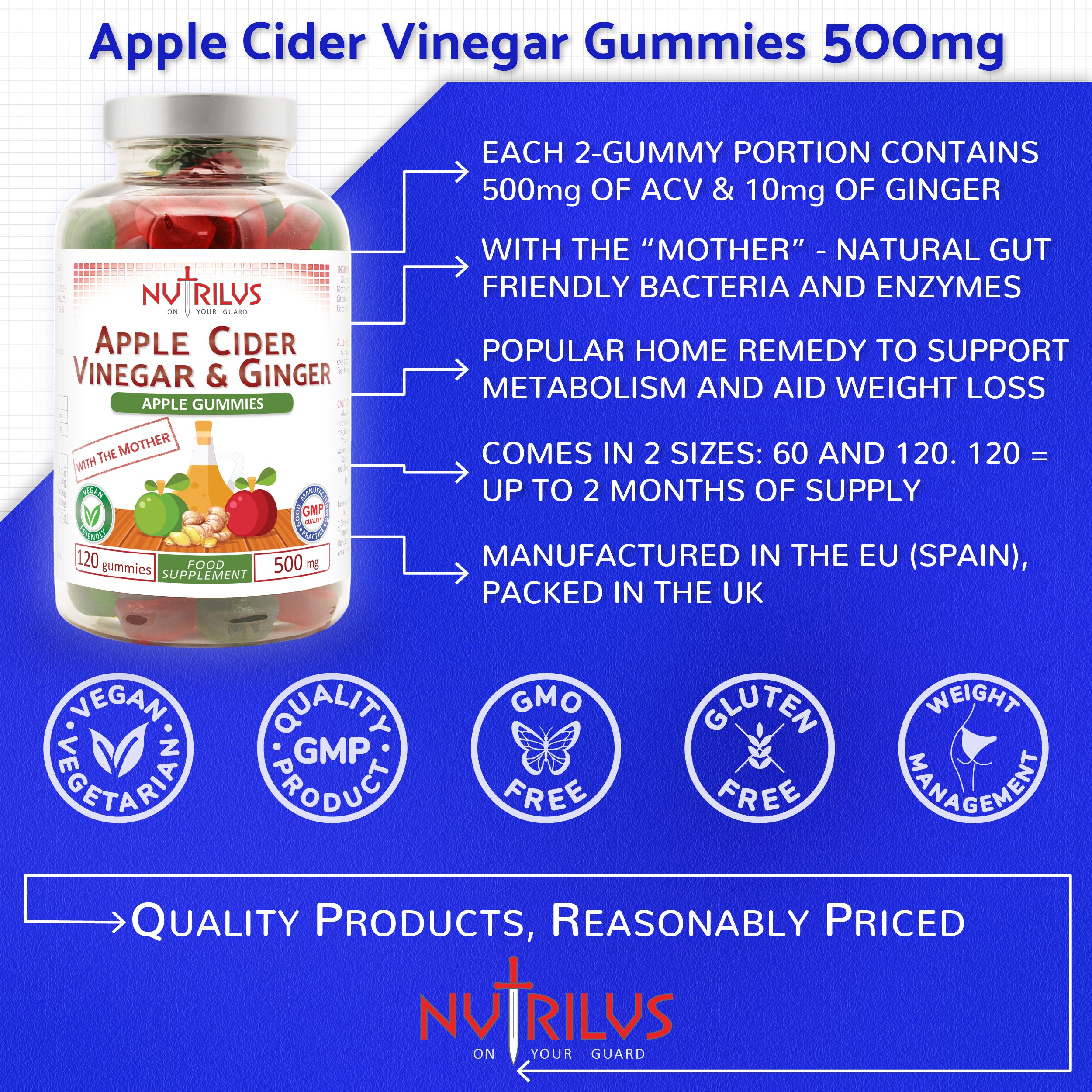 Apple Cider Vinegar & Ginger 60/120 Gummies 500mg - with "the Mother"