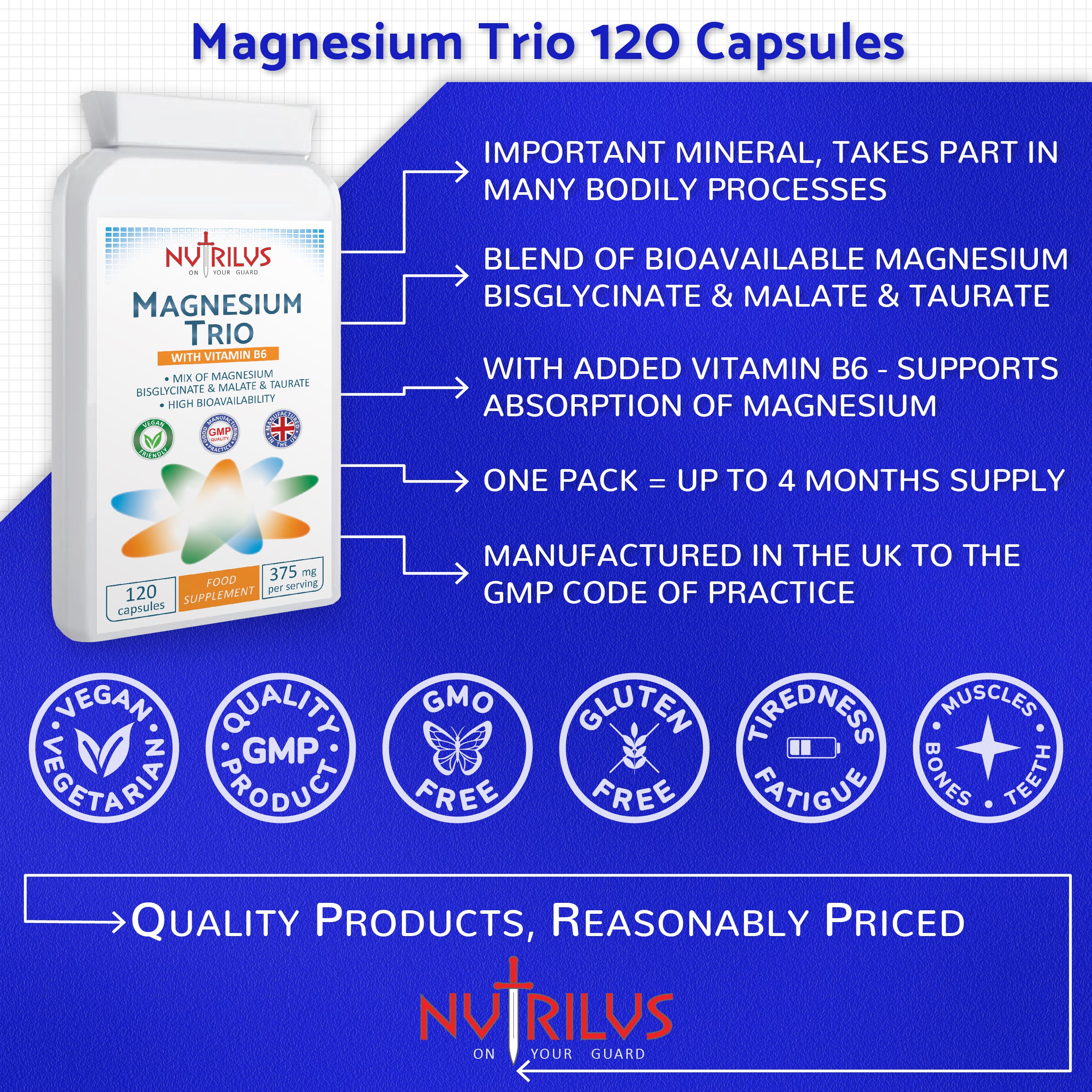 Magnesium Trio Complex 120 Capsules 375mg with Vitamin B6