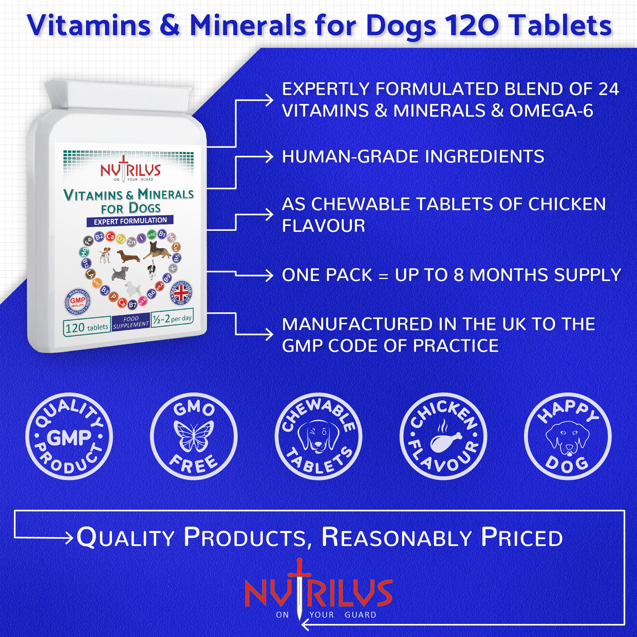 Vitamins & Minerals For Dogs 120 Chicken Flavour Tablets