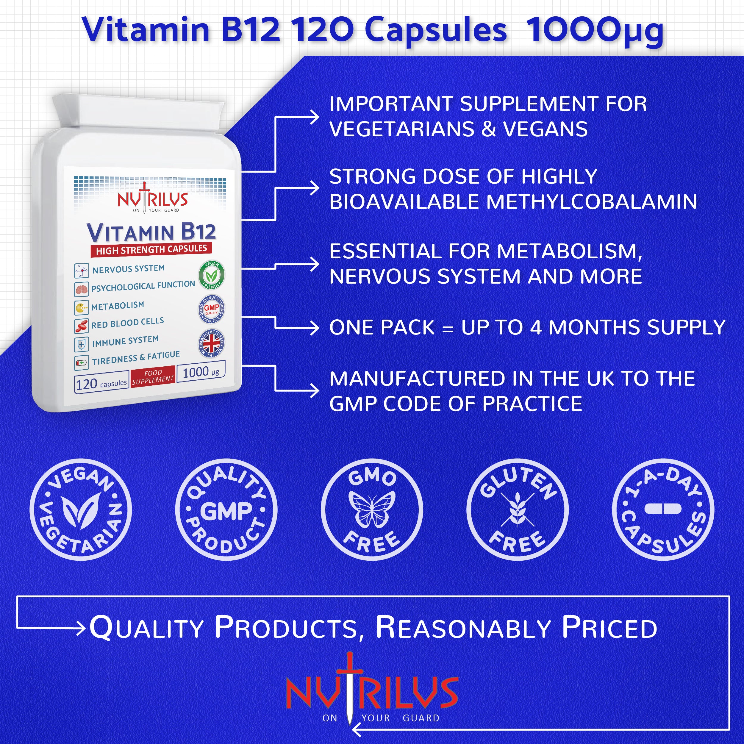 Vitamin B12 120 Capsules 1000µg - High Strength Methylcobalamin 1000mcg