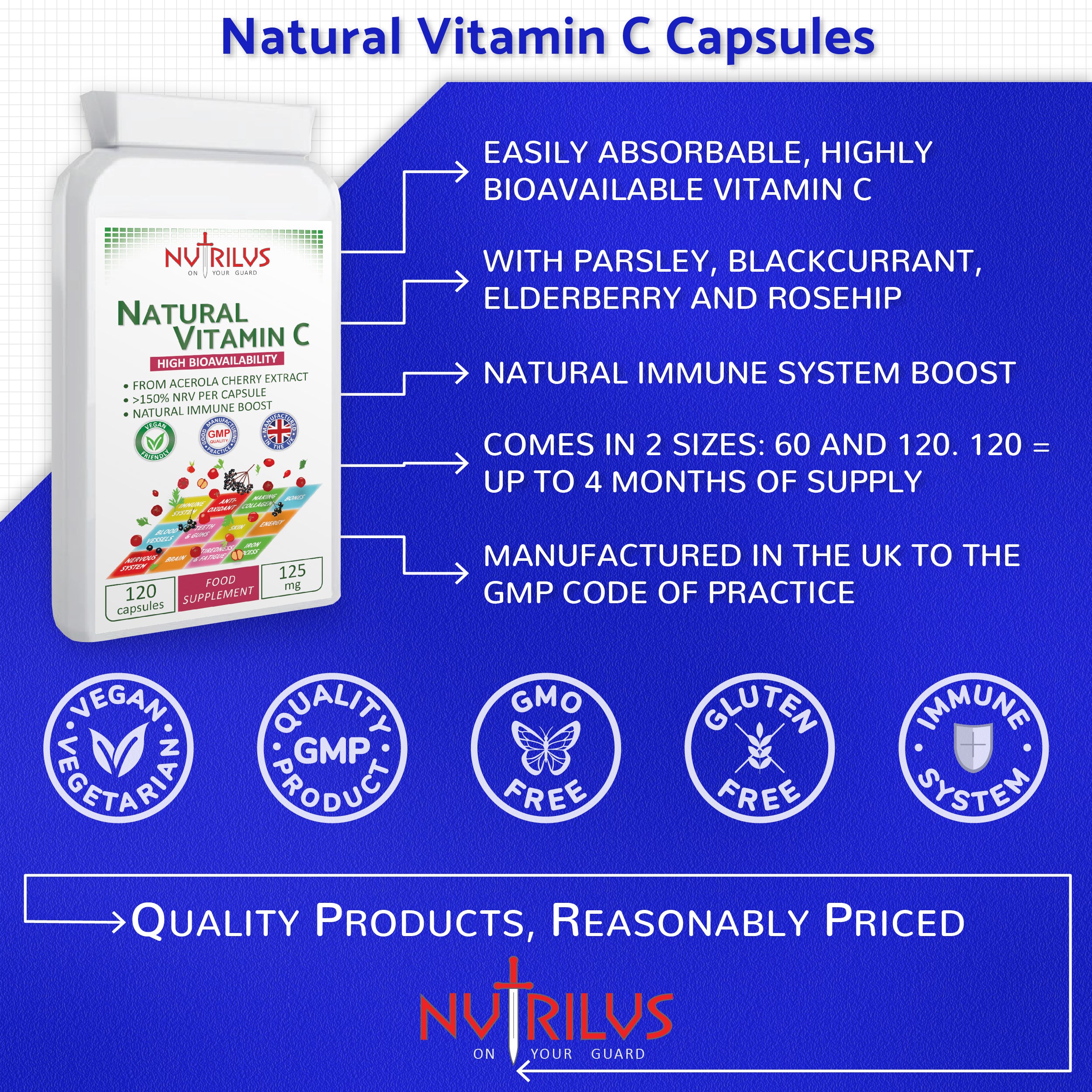 Natural Vitamin C from Acerola Cherry Capsules 125mg