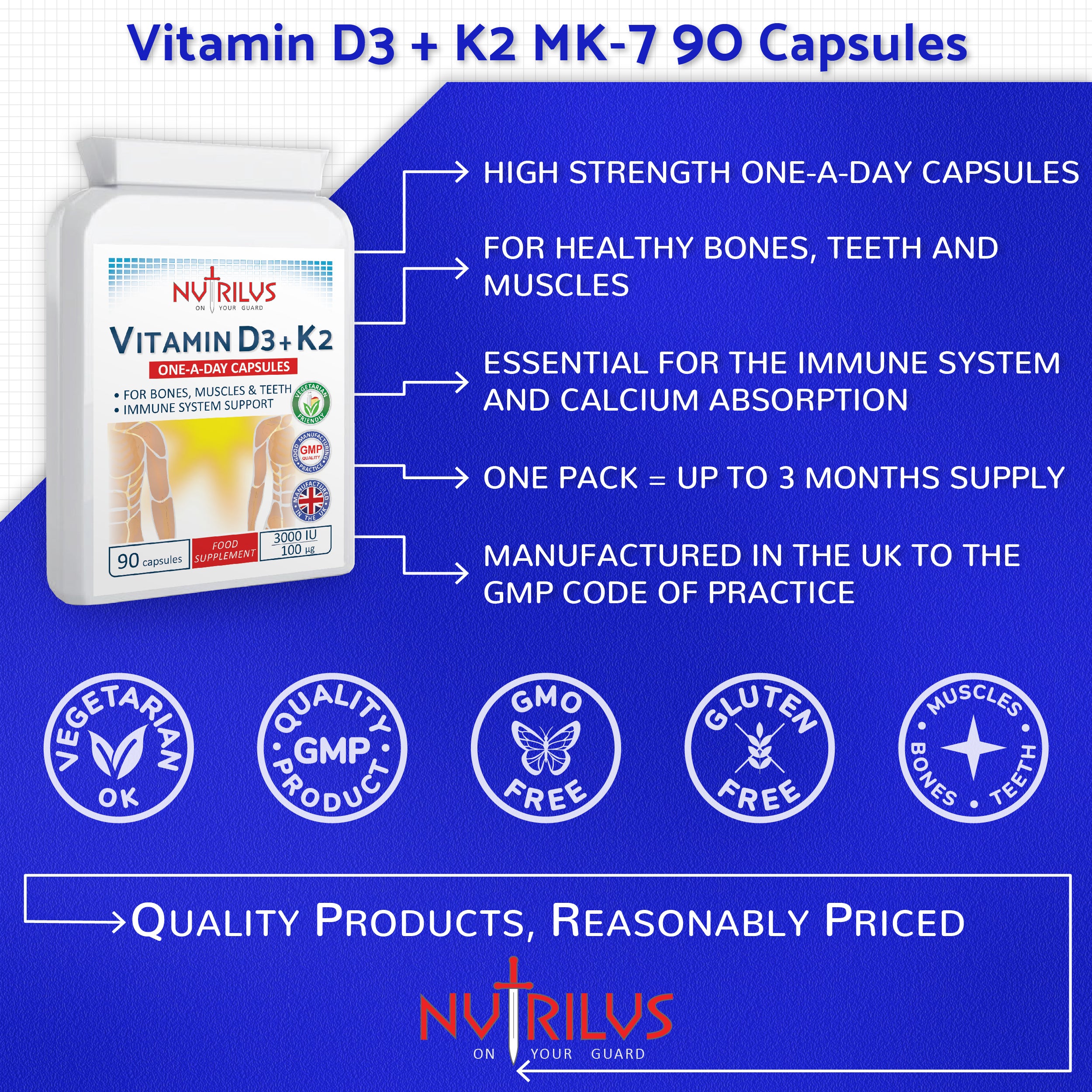 Vitamin D3 & K2 MK-7 90 Capsules 3000IU / 100µg