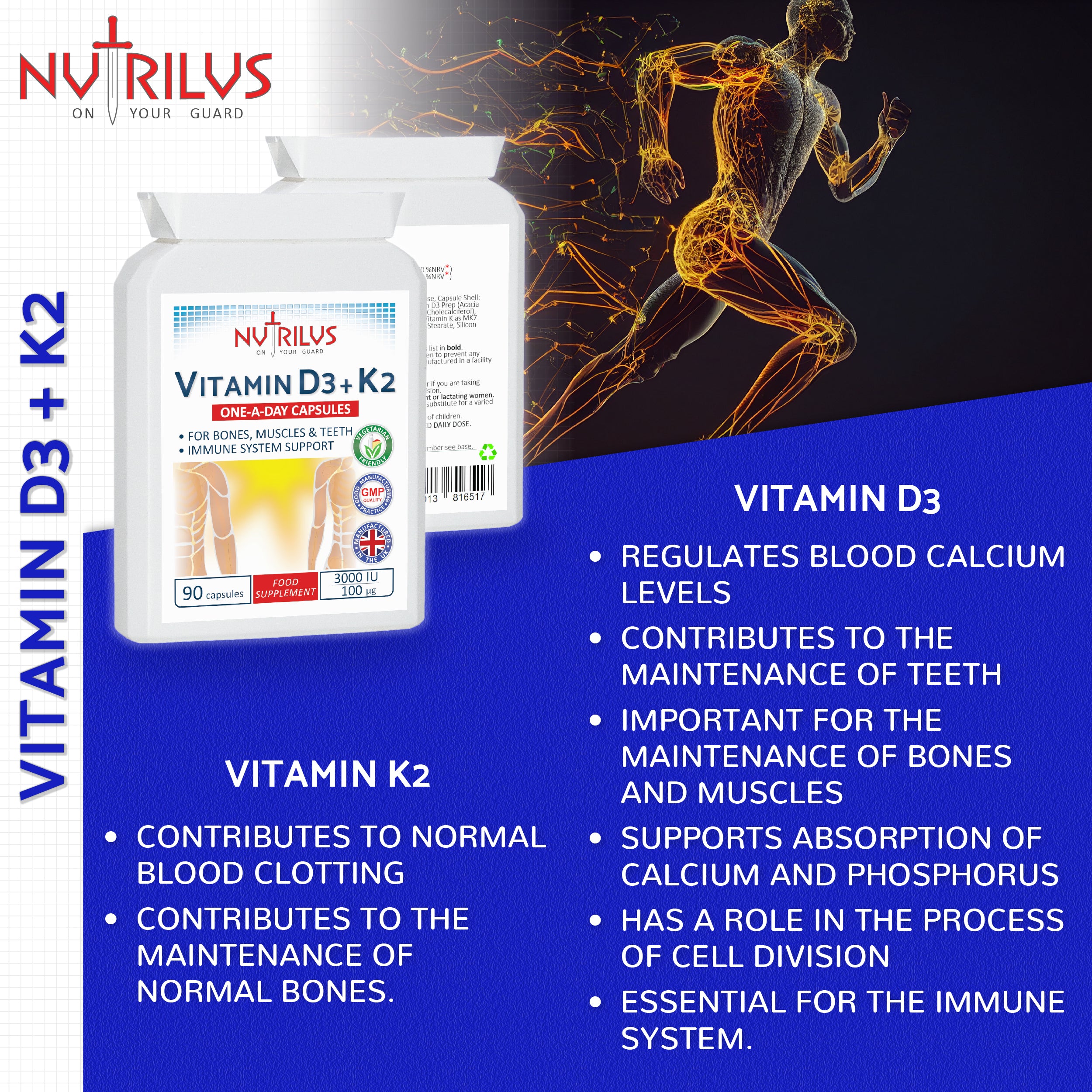 Vitamin D3 & K2 MK-7 90 Capsules 3000IU / 100µg